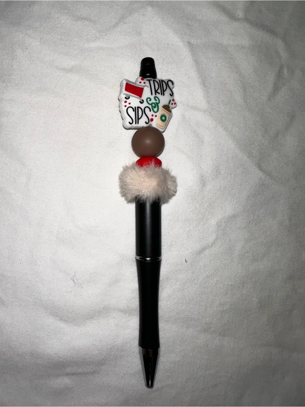 Trips & Sips Decorative Black Ballpoint Pen with Fuzzy Accent